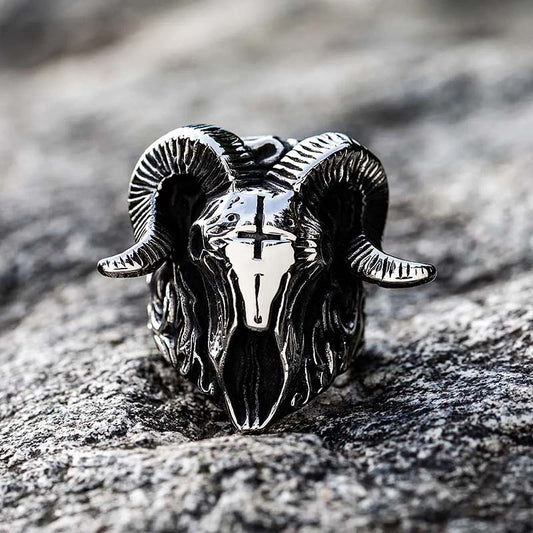 Cross Bighorn Ram Skull Ring